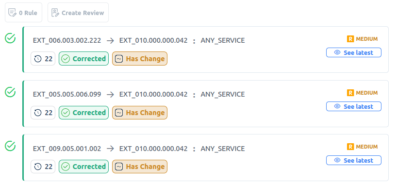 Firewall rules showing corrected status with automated validation badges