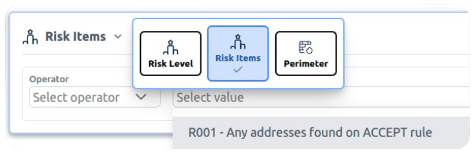 Campaign creation interface with risk items, risk level, and perimeter filters